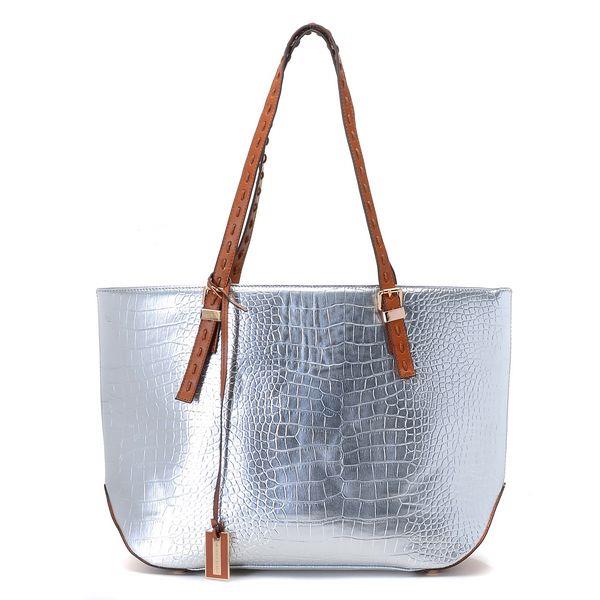 michael kors gia metallic crocodile-preget skinn tote sølv For Salg Billig 6ksib